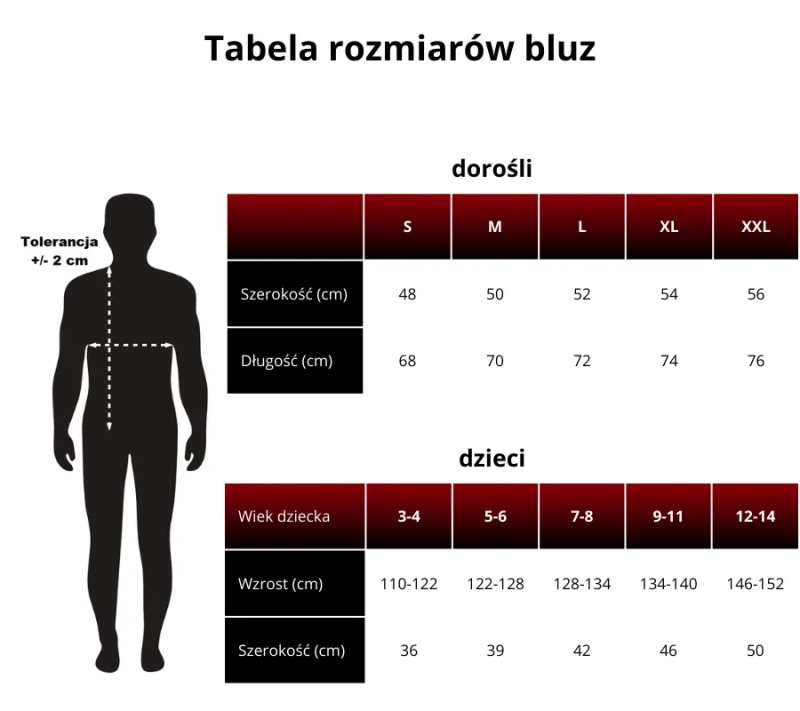 Tabela rozmiarów bluz LoveLash